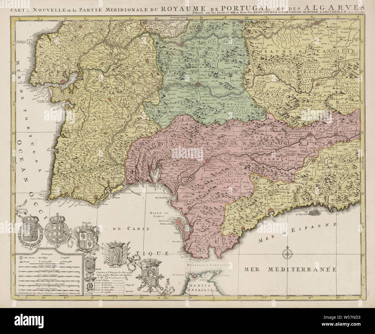 Map of the south of Spain and Portugal, Map with a part of Portugal and the Spanish south coast. Part (bottom left) of a large map of Spain and Portugal in four sheets, ca. 1703. Bottom left the legend and the arms of Spain and Portugal, connected with the arms of the Algarve (including the city arms of Toledo and Grenada), Andalusia and Castile and León, maps of separate countries or regions, flag, colors (as symbol of the state, etc.), Spain, Portugal, Jan Luyken (possibly), Amsterdam, 1720 - 1772, paper, etching, h 503 mm × w 600 mm Stock Photo