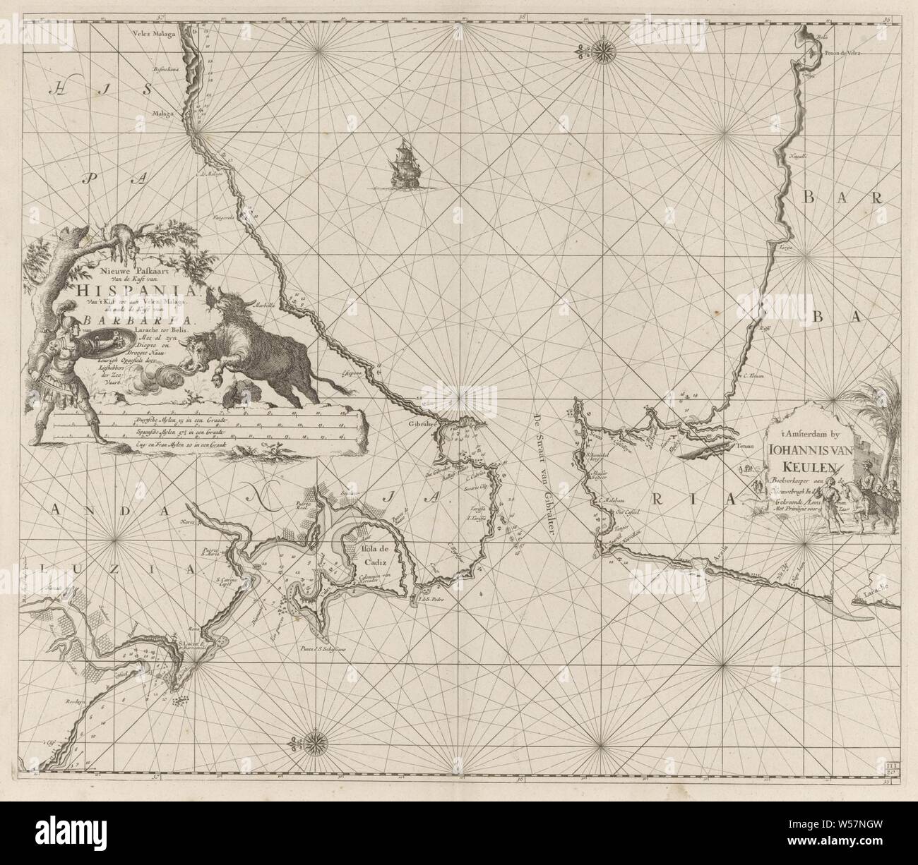 Nautical Map of the Strait of Gibraltar New Passport Card of the Coast of Hispania. From 't Klif to Velez Malaga, as well as the Barbaria Coast. from Larache to Belis. With all its Depth and Drought Naau approval Compiled by Enthusiasts of the Sea (title on object), Passport card of the Strait of Gibraltar, with two compass roses, the North is on the left. On the left a cartouche with the title and the scale in German, Spanish and English or French miles. A bullfight takes place around the title. Right at the publisher's address a palm tree and some men with turbans, bull, bull-fighter Stock Photo