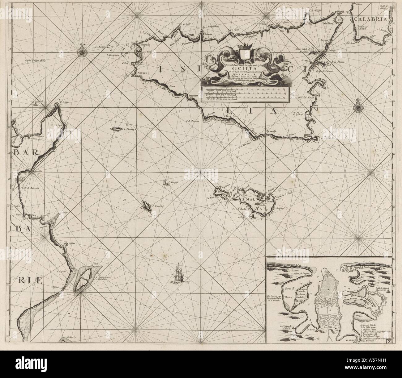 Map of the islands of Sicily and Malta and a part of the coast of Tunisia New pass of the sea coasts of the land of Sicily and the coasts of Barbaria between C. Bona and I. Zerby. (title on object), Map of the islands of Sicily and Malta and part of the coast of Tunisia, with an inset from the port of Valetta on Malta, with two compass roses, the North is above. At the top center the title, the address of the publisher and the scale, shown in German, Spanish and English or French miles (scale: c. 1: 900 000), decorated with two fish, fishes, Tunisia, Sicily, Malta, Jan Luyken (rejected Stock Photo