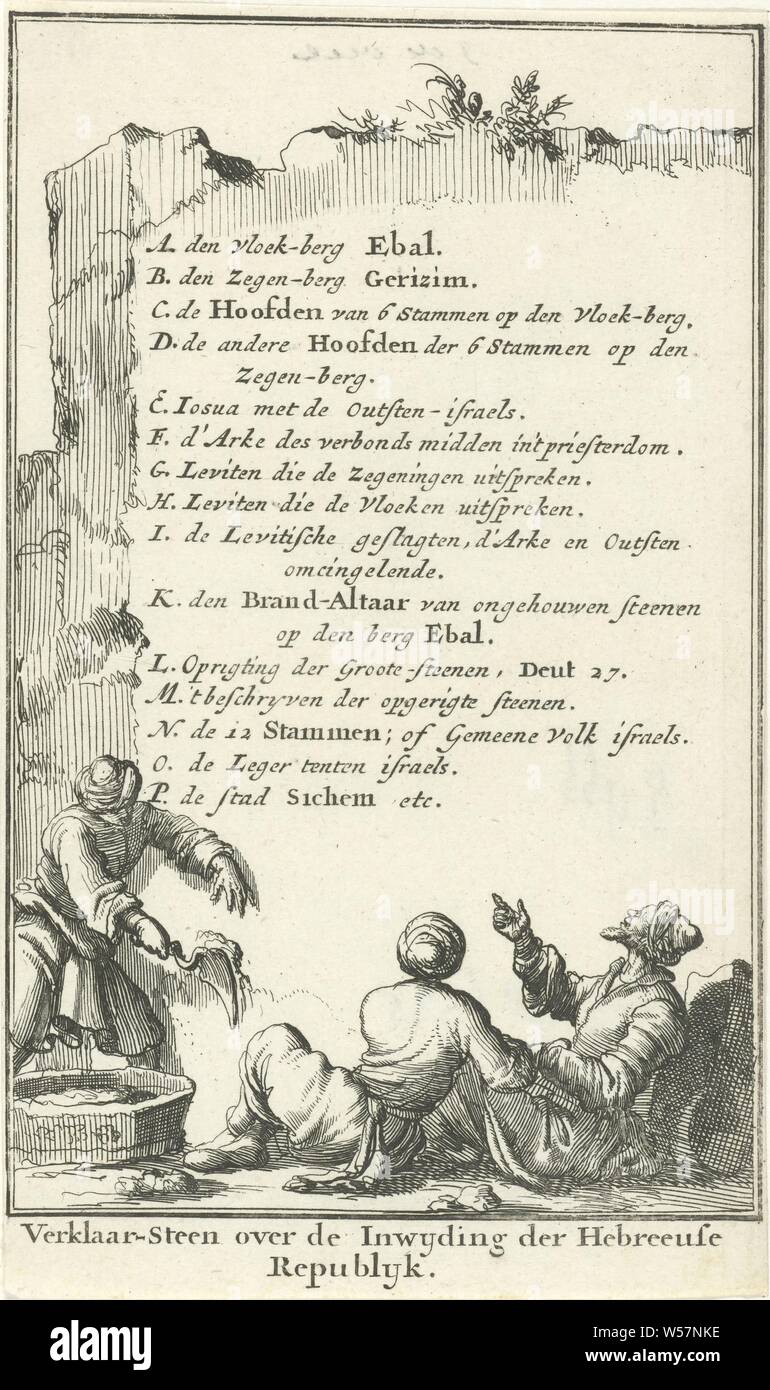 Stone tablet with the instructions of Moses Verklaar-Steen on the Inauguration of the Hebrew Republijk (title on object), the reading of the law (Joshua 8: 30-35), Jan Luyken, Amsterdam, 1683, paper, etching, h 143 mm × w 85 mm Stock Photo