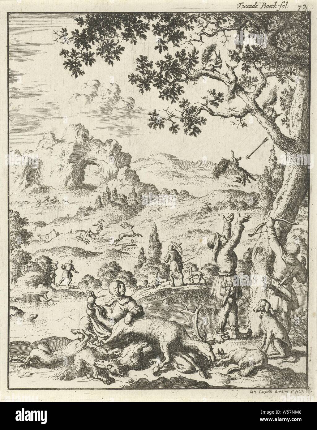 Laplanders on the hunt, Jan Luyken (mentioned on object), Amsterdam, 1682, paper, etching, h 170 mm × w 135 mm Stock Photo