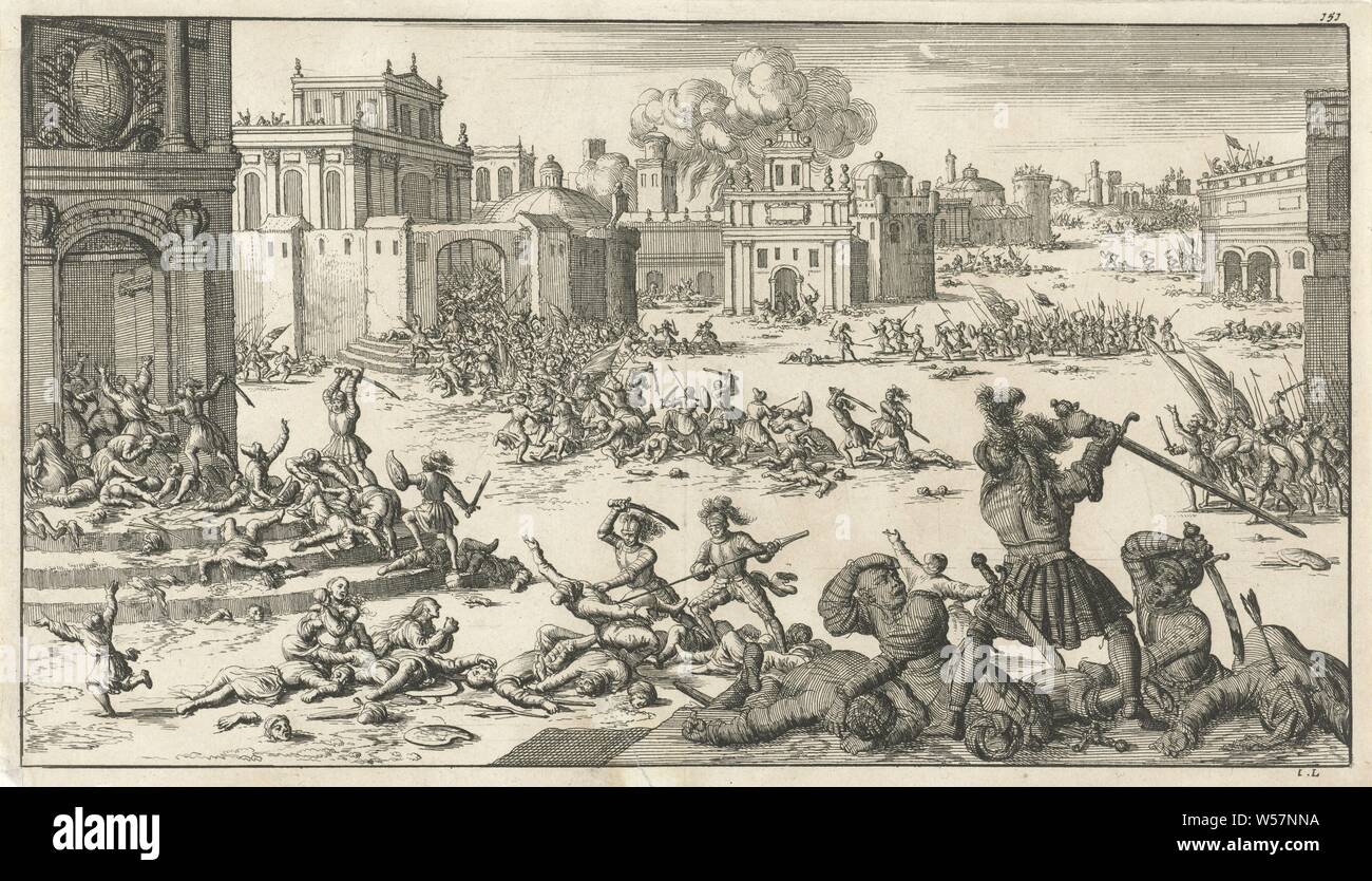 Conquest of Jerusalem, Print numbered top right: 151, militant proselytizing: religious war, crusade, etc, capture of city (after the siege), Jerusalem, Jan Luyken (mentioned on object), Amsterdam, 1683, paper, etching, h 161 mm × w 279 mm Stock Photo