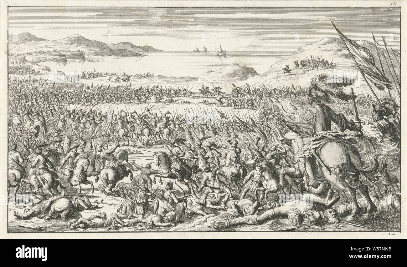 Battle of Ashkelon between the Crusaders and the Saracens, Print numbered top right: 161, militant proselytizing: religious war, crusade, etc, battle, Ashkelon, Jan Luyken (mentioned on object), Amsterdam, 1683, paper, etching, h 165 mm × w 278 mm Stock Photo