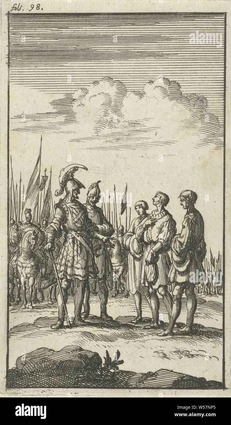 Three unarmed men in conversation with two army commanders, in the background soldiers on horseback, Marked upper left: foli 98, commander-in-chief, general, marshal, land forces, Jan Luyken, Amsterdam, 1685, paper, etching, h 117 mm × w 68 mm Stock Photo