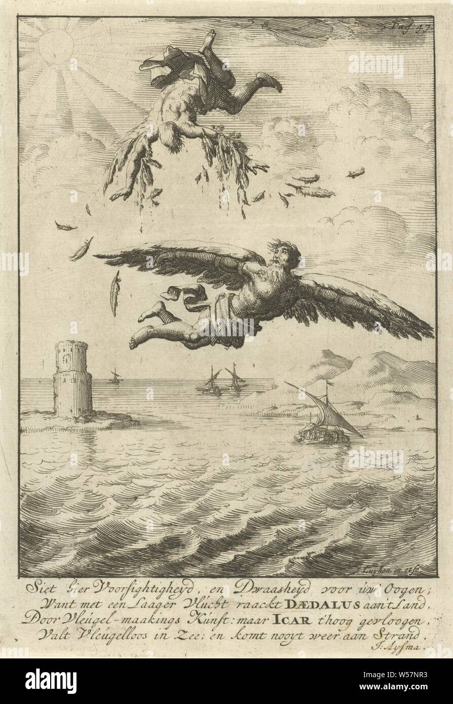 Fall of Icarus, Daedalus looks up while flying and is shocked to see how Icarus tumbles out of the sky. Print on the top right: Pag: 47, death ie the fall of Icarus (Daedalus present), Jan Luyken (mentioned on object), Amsterdam, 1686, paper, etching, h 189 mm × w 131 mm Stock Photo