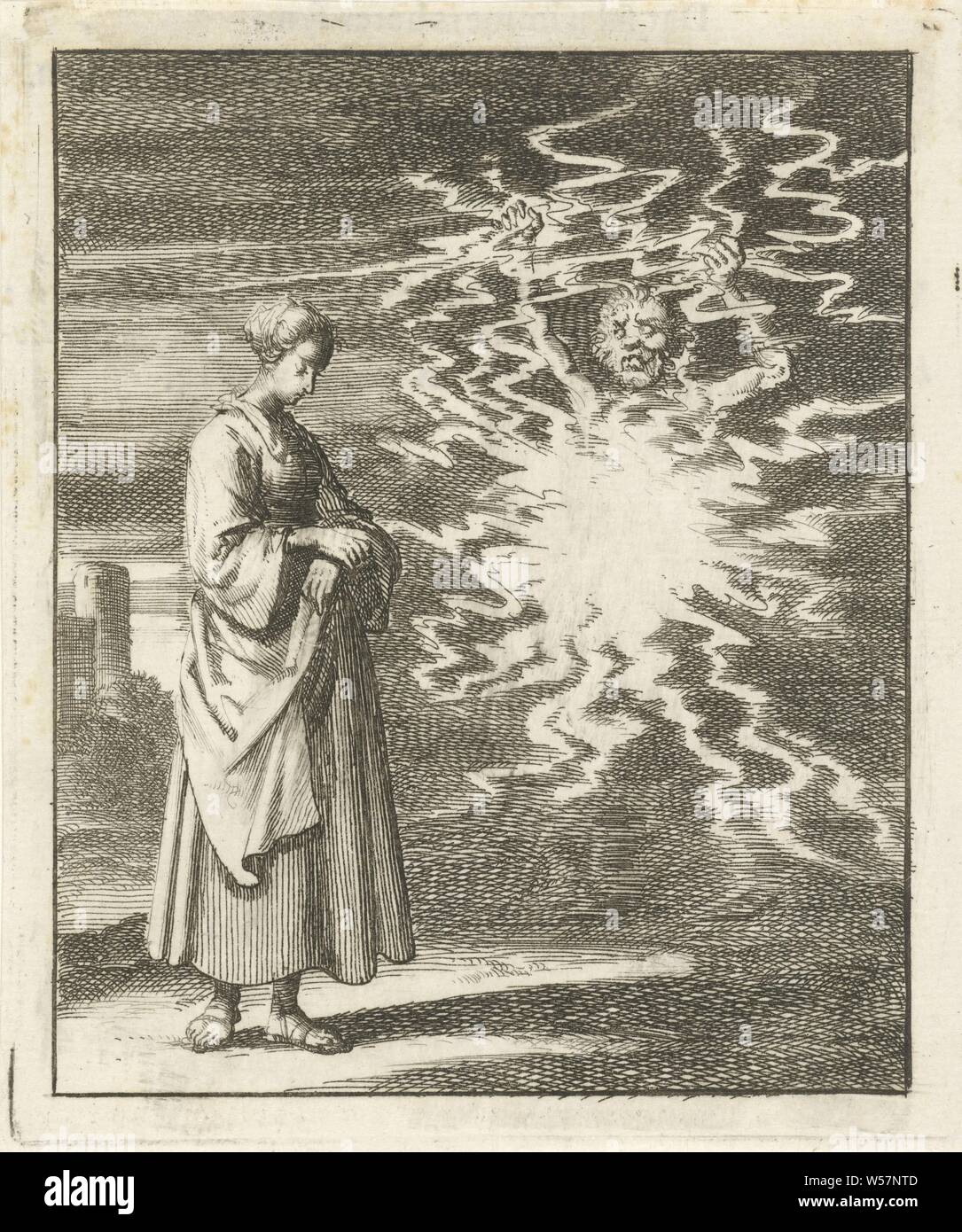 Woman walks quietly past the flames of Satan For fire and gloet, Is water good, devil (s) and demons: Satan, Jan Luyken, Amsterdam, 1687, paper, letterpress printing, h 92 mm × w 81 mm Stock Photo