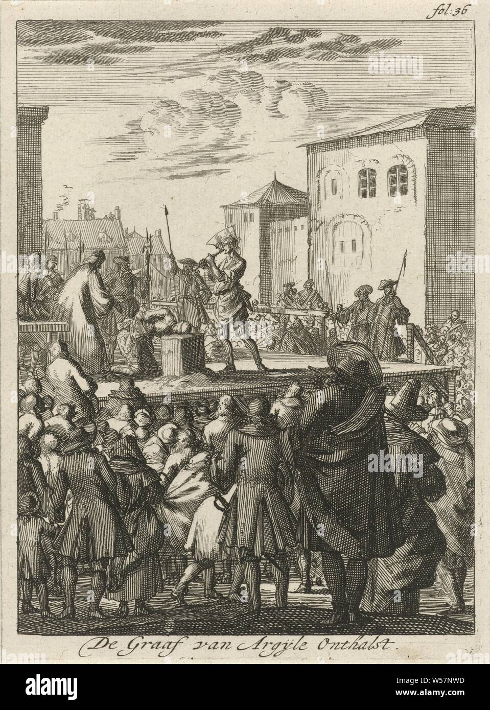 Execution of the Count of Argyll, 1685 The Count of Argijle Reception (title on object), Preparation for the beheading of Archibald Campbell, Second Marquis and Ninth Count of Argyll in Edinburgh on June 30, 1685. The Count of Argyll led the Duke of Monmouth in a revolt against the Catholic King James. Print marked upper right: fol: 36, (person under sentence of death) on the way to the scaffold or place of execution, Edinburgh, Archibald Campbell (2nd Marquis and 9th Earl of Argyll), Jan Luyken, Amsterdam, 1689, paper, etching, h 182 mm × w 135 mm Stock Photo