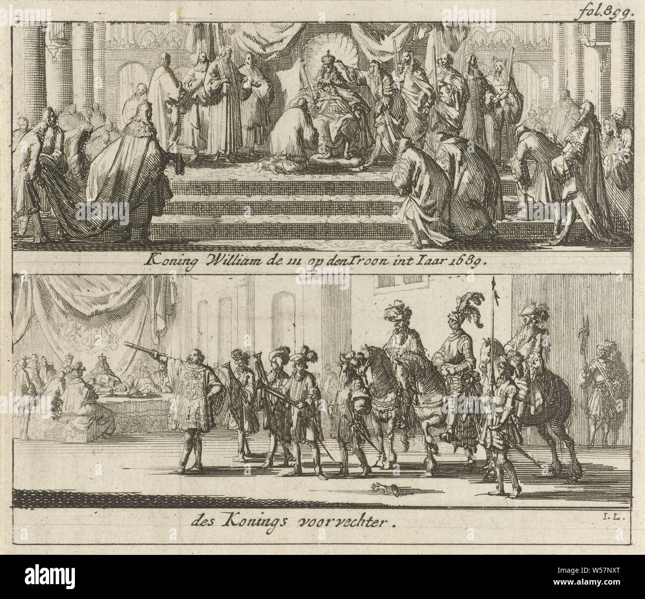 Willem III on the throne and the ceremony with the royal camp fighter, 1689 King William the III on the Throne int Year 1689 / the King's champion (title on object), Sheet with two performances. Above King William III on the English throne, 1689. Below the ceremony in which the royal camp fighter on horseback, accompanied by two other horsemen, challenges anyone who challenges the legality of the new king's choice, 21 April 1689. Top right hand mark: fol. 899, after the coronation, London, Willem III (Prince of Orange and King of England, Scotland and Ireland), Jan Luyken (mentioned on object Stock Photo