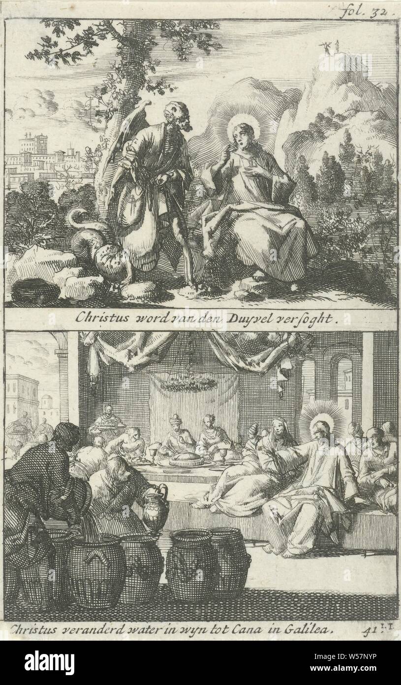 Christ brought into temptation by the devil and the wedding at Cana Christ is van den Duyvel versoght / Christ changed water in wyn to Cana in Galilee (title on object), Two representations of a plate. Print marked upper right: fol. 32, Christ, sometimes accompanied by guardian angel (s), tempted by Satan, who usually appears in human form, the marriage feast at Cana (John 2: 1-11), Jan Luyken (mentioned on object), Amsterdam, 1690, paper, etching, h 135 mm × w 86 mm Stock Photo