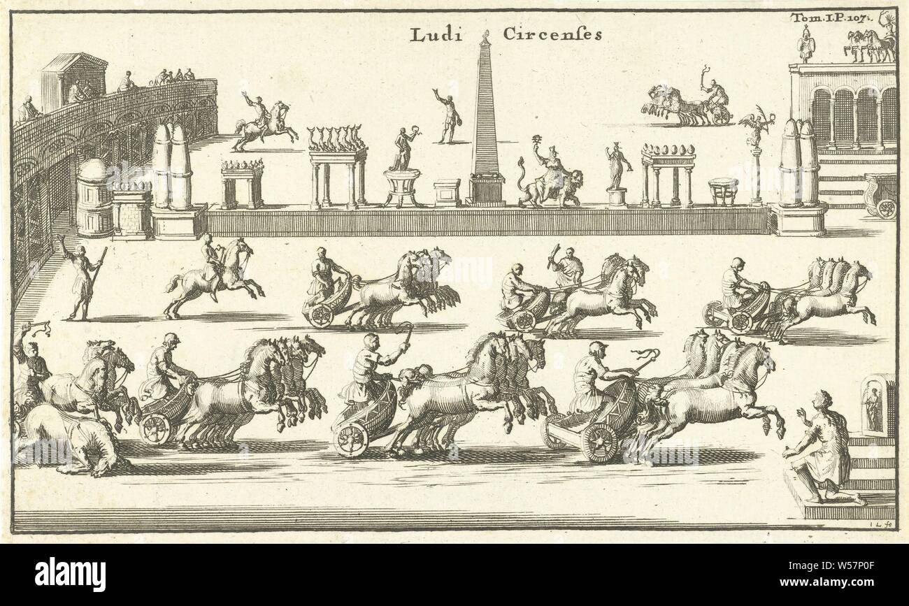 Roman races Ludi Circenses (title on object), Print upper right: Tom. I. P. 107, wagon racing (with horses), Jan Luyken (mentioned on object), 1690, paper, etching, h 104 mm × w 172 mm Stock Photo
