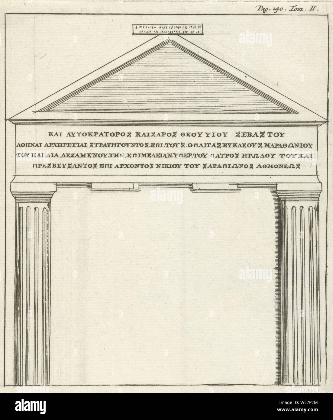 Roman gate in Athens, Print upper right: Pag. 140. Tom. II, architecture (Roman art), parts of church exterior and annexes: porch, Athens, Jan Luyken, Amsterdam, 1679, paper, etching, h 125 mm × w 107 mm Stock Photo