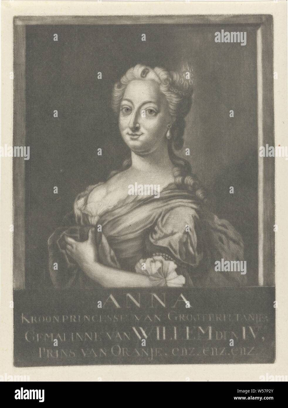Portrait of Anna van Hannover, Anna van Hannover, wife of Willem IV of Oranje-Nassau. She is wearing pearl earrings., Rienk Jelgerhuis, Leeuwarden, 1770, paper, h 220 mm × w 165 mm Stock Photo