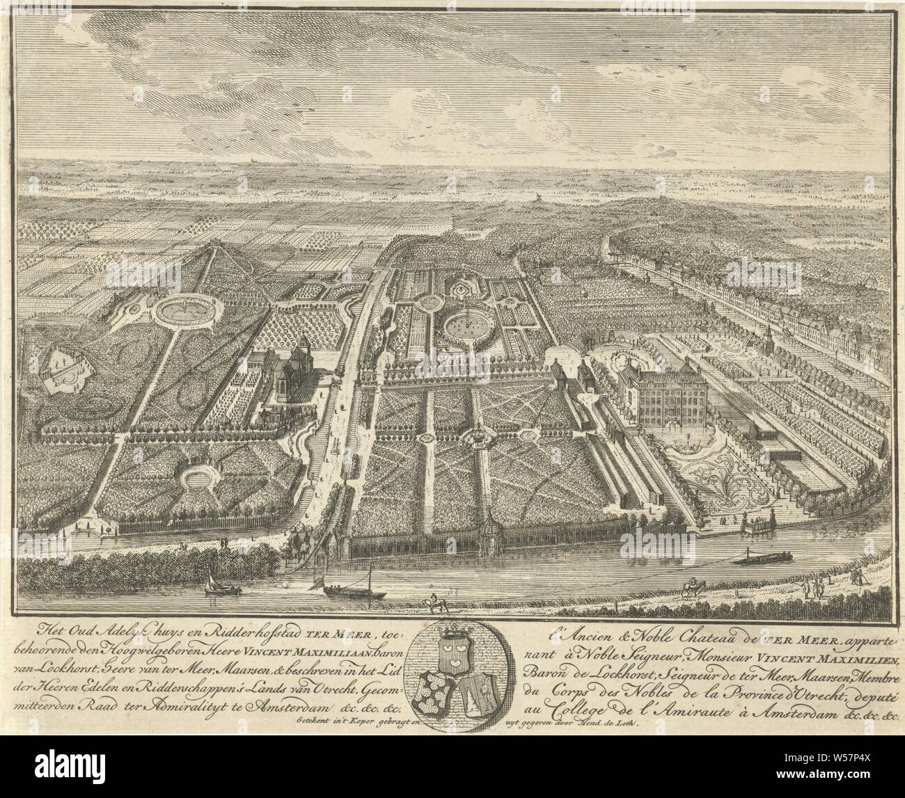 Bird's eye view of Huis ter Meer in Maarssen The Oud Adelyk houses and Ridderhofstad Ter Meer (series title on object), Bird's eye view of Huis ter Meer and the surrounding French gardens. In the margin an oval with three coats of arms, left and right a Dutch and French caption. The print is part of a series with 26 faces on Huis ter Meer and the accompanying estate in Maarssen, country house, French or architectonic garden, formal garden, Huis Ter Meer, Hendrik de Leth (mentioned on object), c. 1740, paper, etching, h 174 mm × w 213 mm Stock Photo