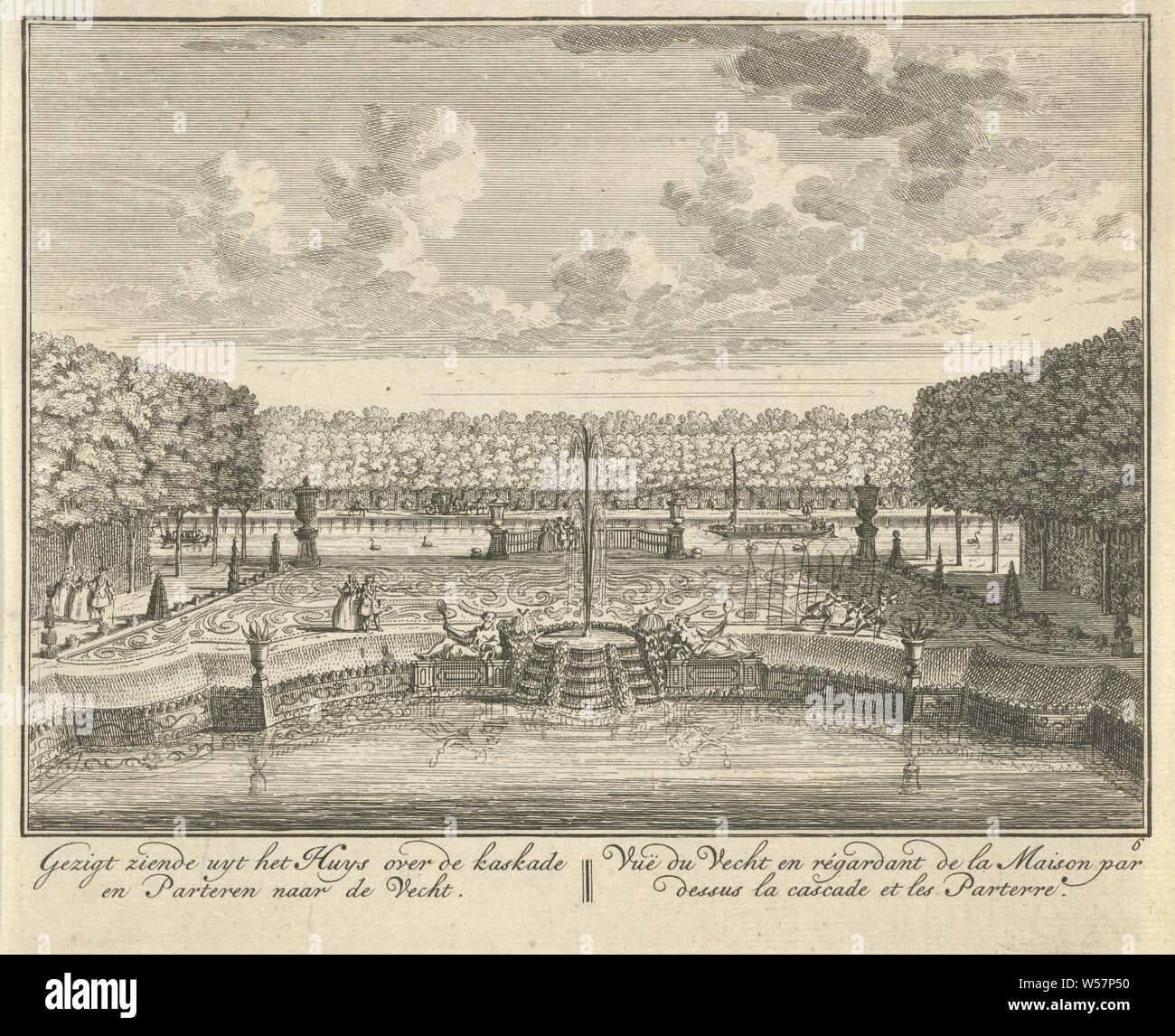 Pond in the garden of Huis ter Meer in Maarssen View looking uyt het huys over the cascade and Parteren to the Vecht / Vue du Vecht and régardant de la Maison parcess cascade et les Parterre (title on object) The Oud Adelyk huys and Ridderhofstad Ter Meer (series title), View of the symmetrically laid pond with fountain in the French garden of Huis ter Meer. The print is part of a series with 26 faces on Huis ter Meer and the accompanying estate in Maarssen, country house, French or architectonic garden, formal garden, garden cascade, Huis Ter Meer, Hendrik de Leth, c. 1740, paper, etching Stock Photo