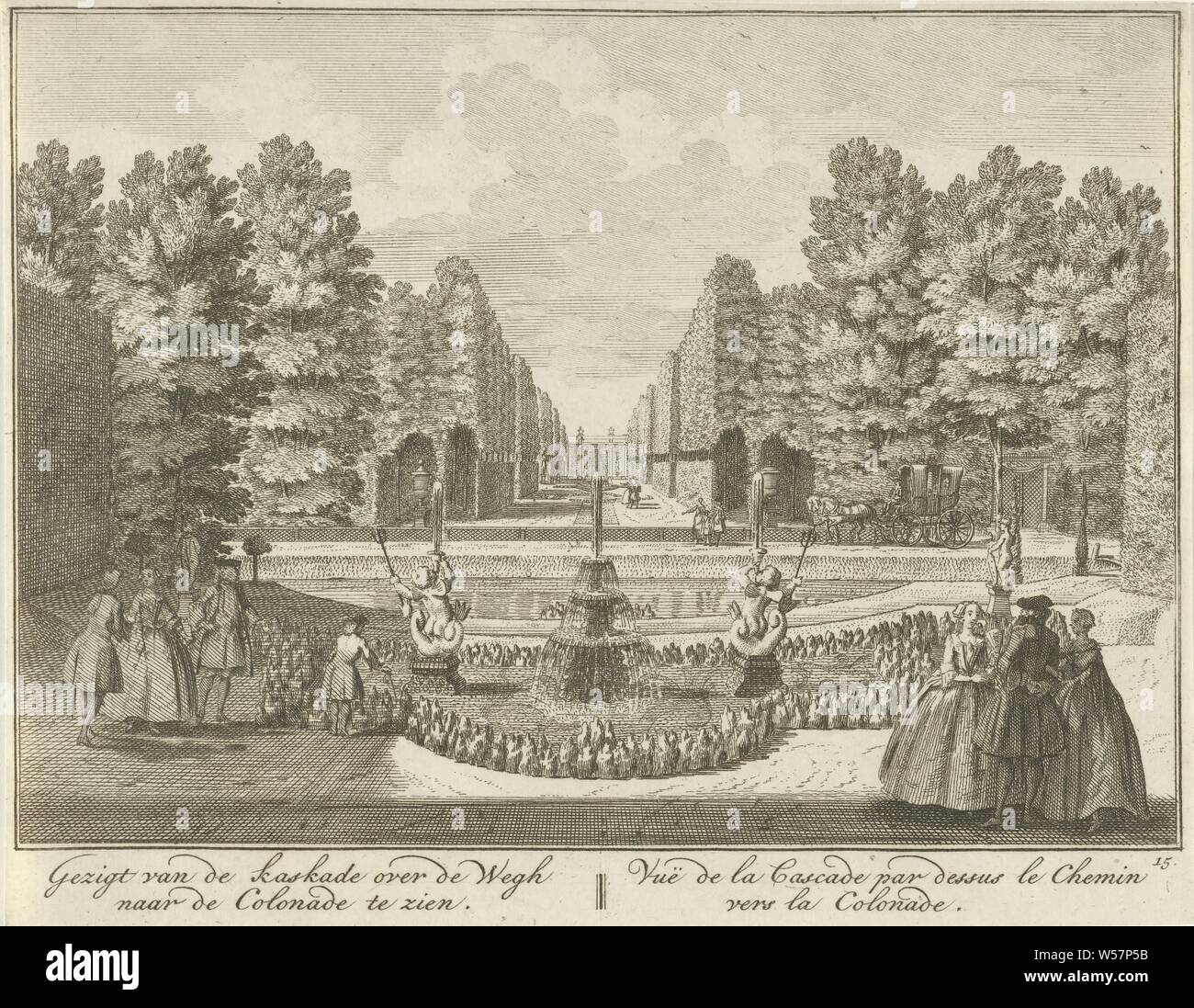 View of the pond towards the colonnade in the garden of Huis ter Meer in Maarssen View from the cascade over the Wegh to the Colonade / Vue de la Cascade par dessus le Chemin vers la Colonade (title on object) The Oud Adelyk huys and Ridderhofstad Ter Meer (series title), View of the pond towards the colonnade in the French garden of Huis ter Meer. In the foreground are two groups of conversational figures. The print is part of a series with 26 faces on Huis ter Meer and the accompanying estate in Maarssen, country house, French or architectonic garden, formal garden, garden fountain, Huis Ter Stock Photo