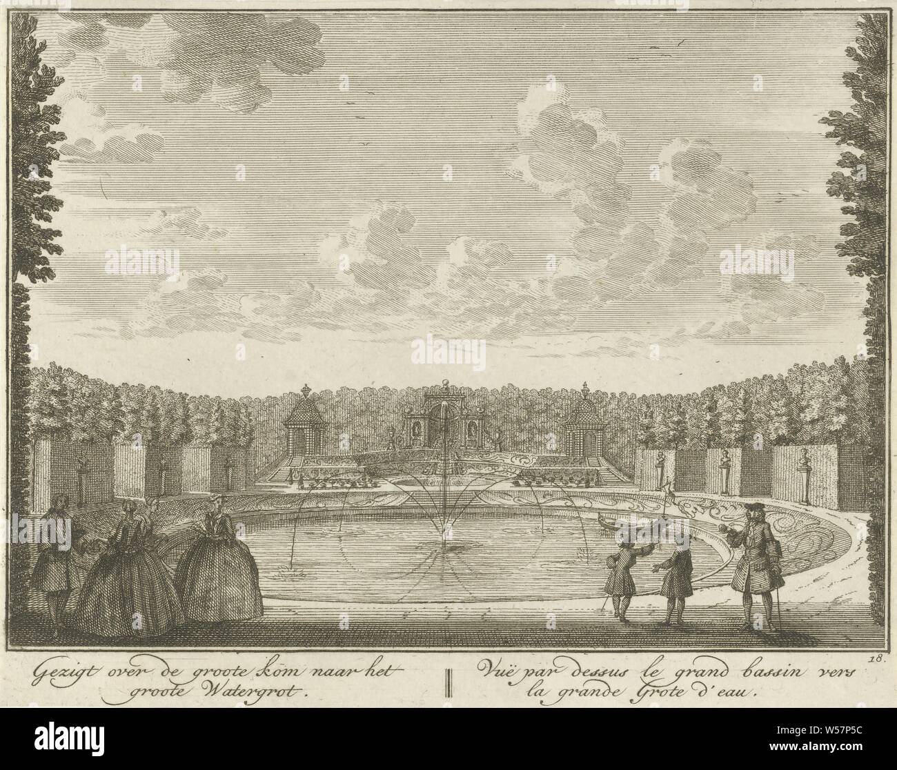View of the basin towards the water grotto in the garden of Huis ter Meer in Maarssen View over the large basin to the large Water grotto / Vue par dessus le grand basin vers la grande Grote d'eau (title on object) The Oud Adelyk huys and Ridderhofstad Ter Meer (series title), View of the basin towards the water cave in the French garden of Huis ter Meer. In the foreground are some figures on the edge of the basin. The print is part of a series with 26 faces on Huis ter Meer and the accompanying estate in Maarssen, country house, French or architectonic garden, formal garden, garden fountain Stock Photo