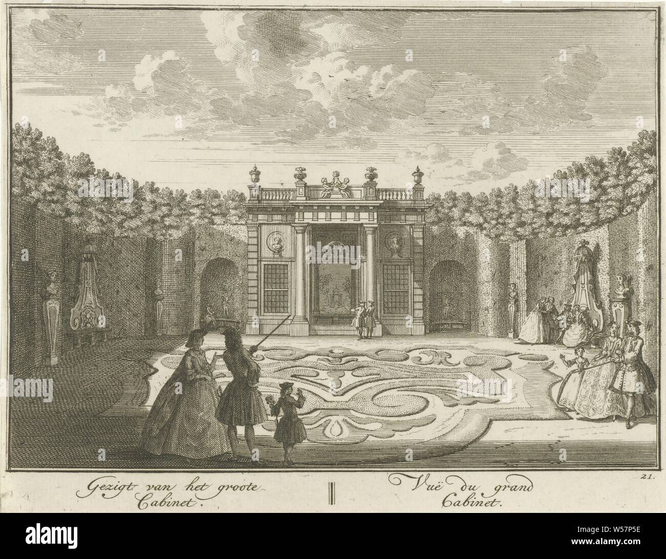 Cabinet in the garden of Huis ter Meer in Maarssen View of the large Cabinet / Vue du grand Cabinet (title on object) The Oud Adelyk huys and Ridderhofstad Ter Meer (series title), View on the cabinet in the French garden of Huis ter Meer. Groups of figures walk in the garden. The print is part of a series with 26 faces on Huis ter Meer and the accompanying estate in Maarssen, country house, French or architectonic garden, formal garden, Huis Ter Meer, Hendrik de Leth, c. 1740, paper, etching, h 155 mm × w 200 mm Stock Photo