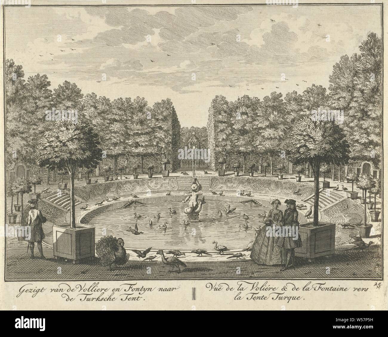 View of the large fountain and the Turkish Tent in the garden of Huis ter Meer in Maarssen Gezigt from the Volliere and Fontyn to the Turkish Tent / Vue de la Volière & de la Fontaine vers la Tente Turque (title on object) The Oud Adelyk huys and Ridderhofstad Ter Meer (series title), View of the large fountain and the Turkish Tent in the French garden of Huis ter Meer. Various birds walk around the fountain. In the foreground are some figures on the edge of the basin. The print is part of a series with 26 faces on Huis ter Meer and the accompanying estate in Maarssen, country house, French Stock Photo