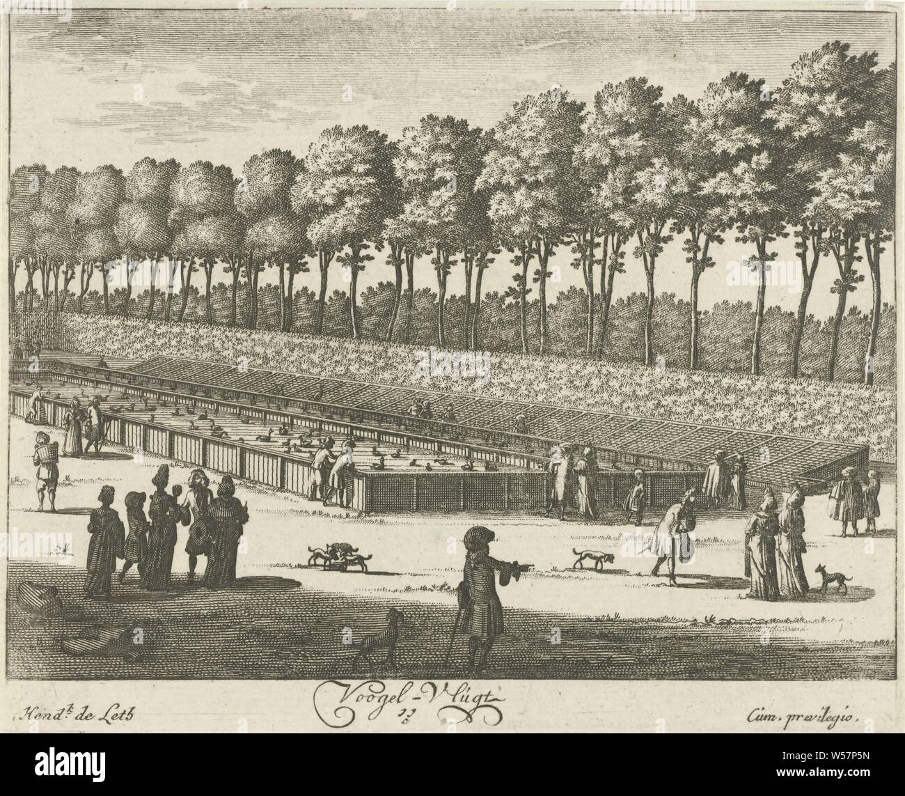 Duck pond of Soestdijk Palace Voogel-Vlugt (title on object) Generale Afbeeldinge Vant Lust-Huijs and Hof van sijn Royal Majesty of Great Britain t Soest-Dijk (series title), View of the duck pond in the garden of Soestdijk Palace, with walking figures. The print is part of a series with sixteen faces at Soestdijk Palace and the accompanying estate, palace, water-birds: duck, pond, pool (variant), Soestdijk, Hendrik de Leth (mentioned on object), 1725 - 1747, paper, etching, h 135 mm × w 160 mm Stock Photo