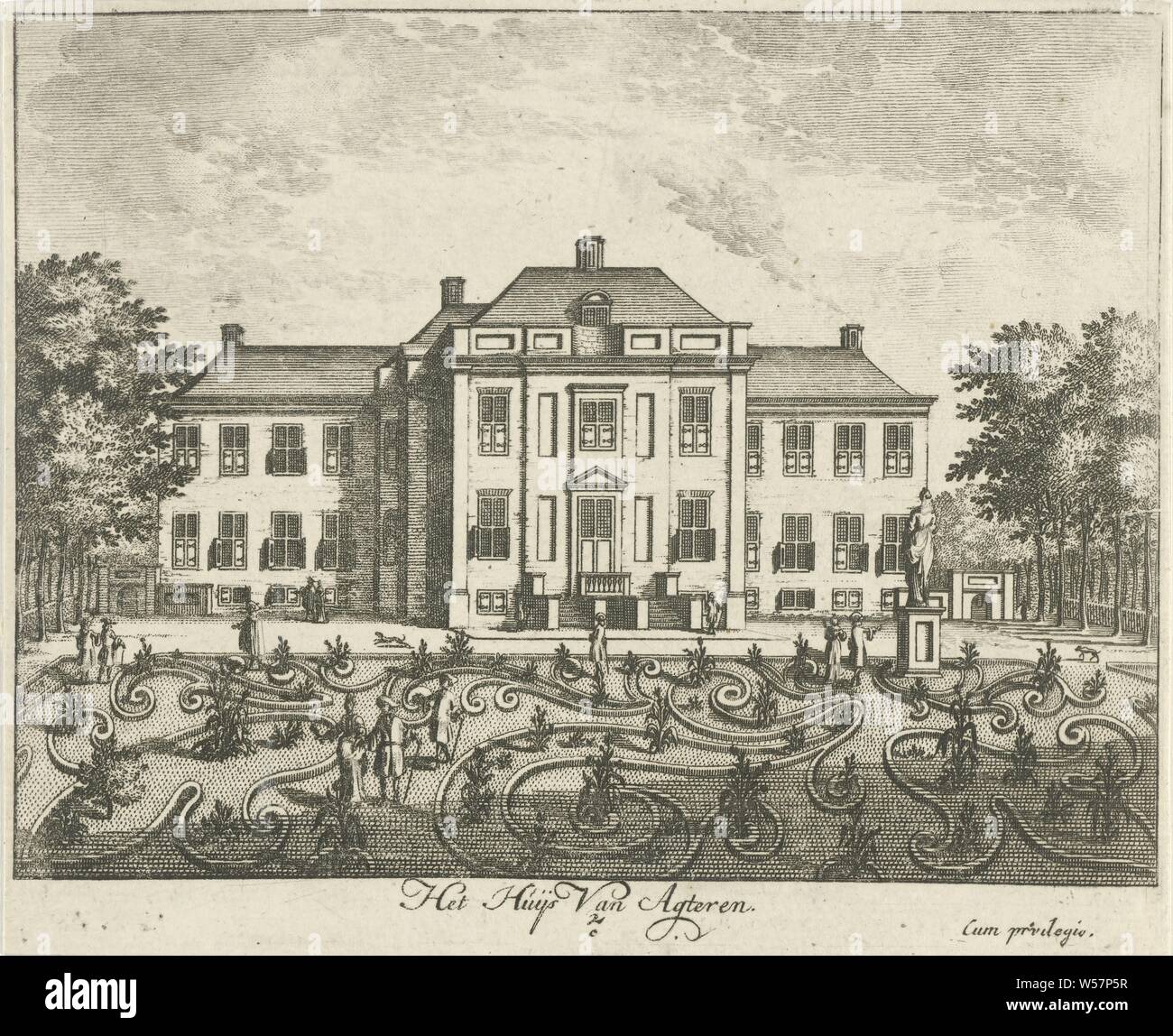 Rear facade of Soestdijk Palace The Huijs Van Agteren (title on object) General Image Vant Lust-Huijs and Hof van sijn Royal Majesty of Great Britain t Soest-Dijk (series title), View of the rear facade of Soestdijk Palace with walking figures in the landscaped garden. The print is part of a series with sixteen faces on Soestdijk Palace and the accompanying estate, palace, French or architectonic garden, formal garden, Soestdijk Palace, Hendrik de Leth, 1725 - 1747, paper, etching, h 131 mm × w 160 mm Stock Photo