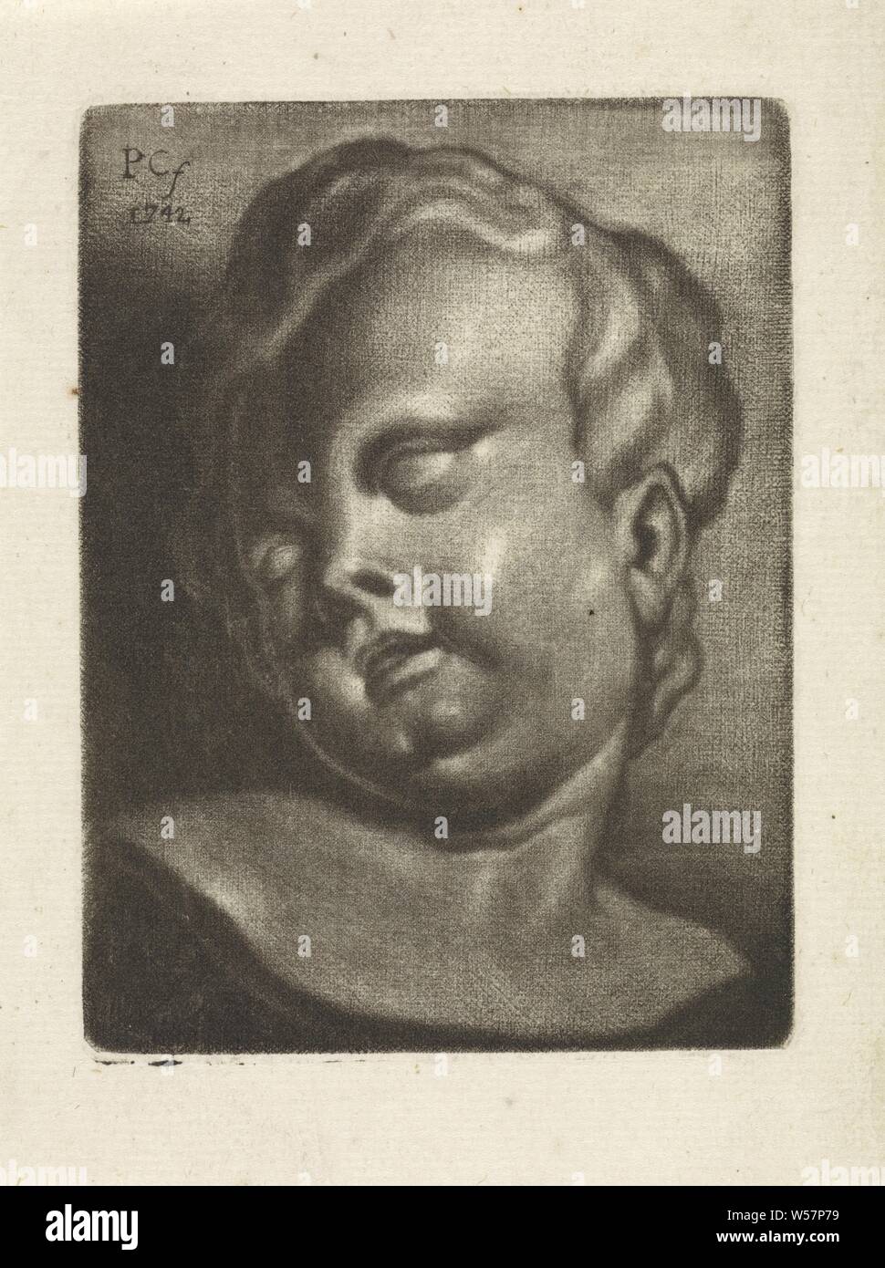 Bust of a putto, Petrus Camper (mentioned on object), London, 1742, paper, engraving, h 107 mm × w 80 mm Stock Photo