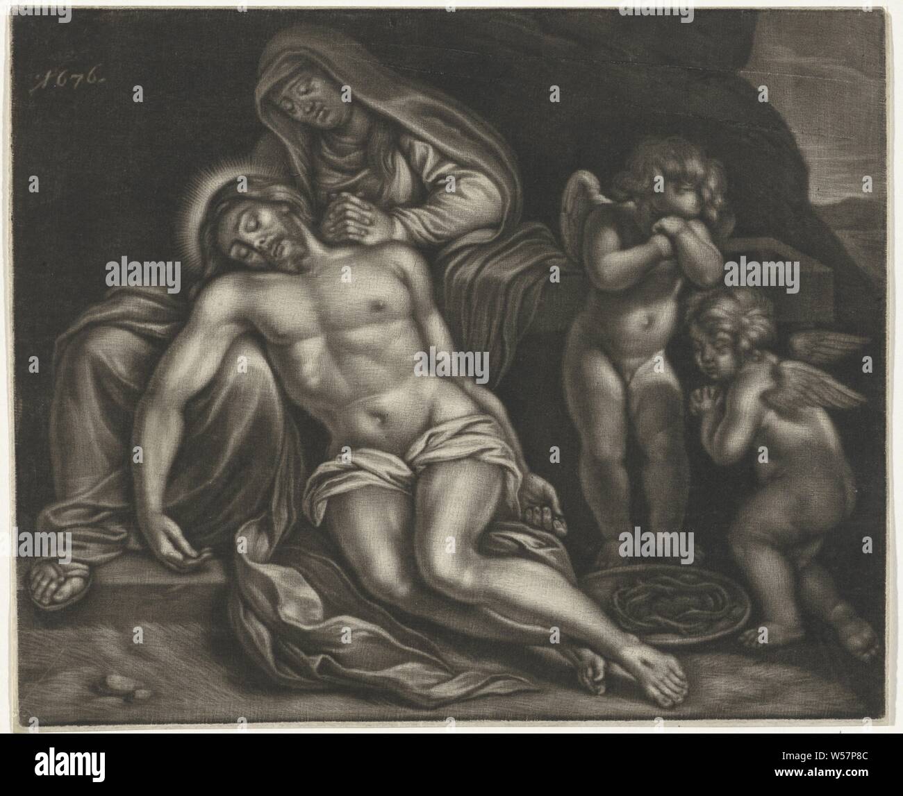 Pieta, Mary weeping over the dead Christ lying on her lap. In addition to her two grieving angels, the dead Christ in Mary's lap, Jan van Somer, Amsterdam, 1676, paper, h 213 mm × w 261 mm Stock Photo