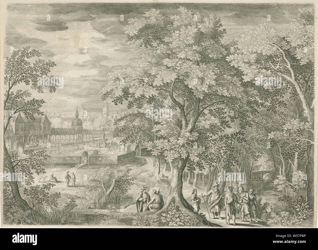 Wooded landscape with the parable of the workers in the vineyard, Wooded  landscape with a castle in the distance on the left and a landscaped garden  in which figures walk around. In
