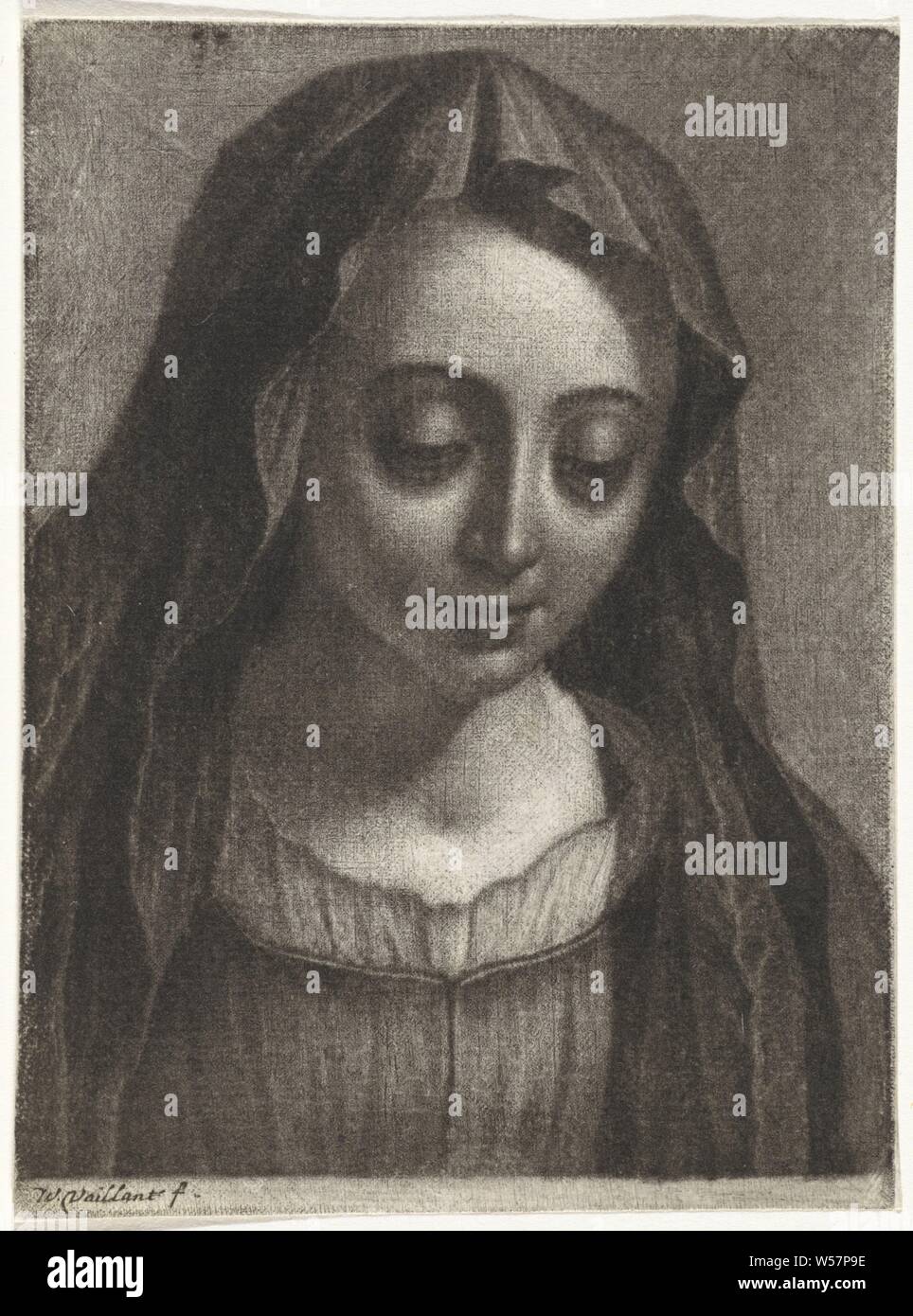 Head of Saint Mary, veil, Wallerant Vaillant (mentioned on object), 1658 - 1677, paper, h 117 mm × w 85 mm Stock Photo