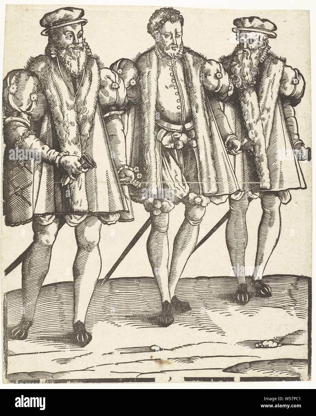 Portrait of Gaspard, Francois and Odet de Coligny, Odet, Cardinal of Châtillon (1517-1571), Gaspard, Admiral of France and father of Louise de Coligny (1519-1572) and Francois, general of infantry (1521-1569) are dressed according to Spanish fashion., clothing for the upper part of the body (men's clothes), clothing for the upper part of the body (fur used for clothes), trousers, breeches, etc (BREECHES) (men's clothes), gloves, mittens, etc. (men's clothes), shoes, sandals (men's clothes), head-gear: men's clothes, clothing for the upper part of the body (DOUBLET) ( men's clothes), coat (Men' Stock Photo