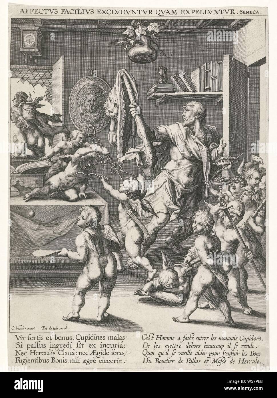 Right and wrong passions, Allegorical representation with a man who has let the wrong putti enter the room, symbolizing negative passions. They are only concerned with wealth, play, sleep and the fight and keep the man (man) away from the good passions, symbolized by the club (power) of Hercules and the shield with Medusa's head of Minerva. The print has an uppercase in Latin. In the margin a four-line caption in Latin and in French, Hercules as personification or some other abstract notion, stiff between Virtues and Vices, Psychomachy, anonymous, Antwerp, 1590 - 1632, paper, etching, h 270 mm Stock Photo