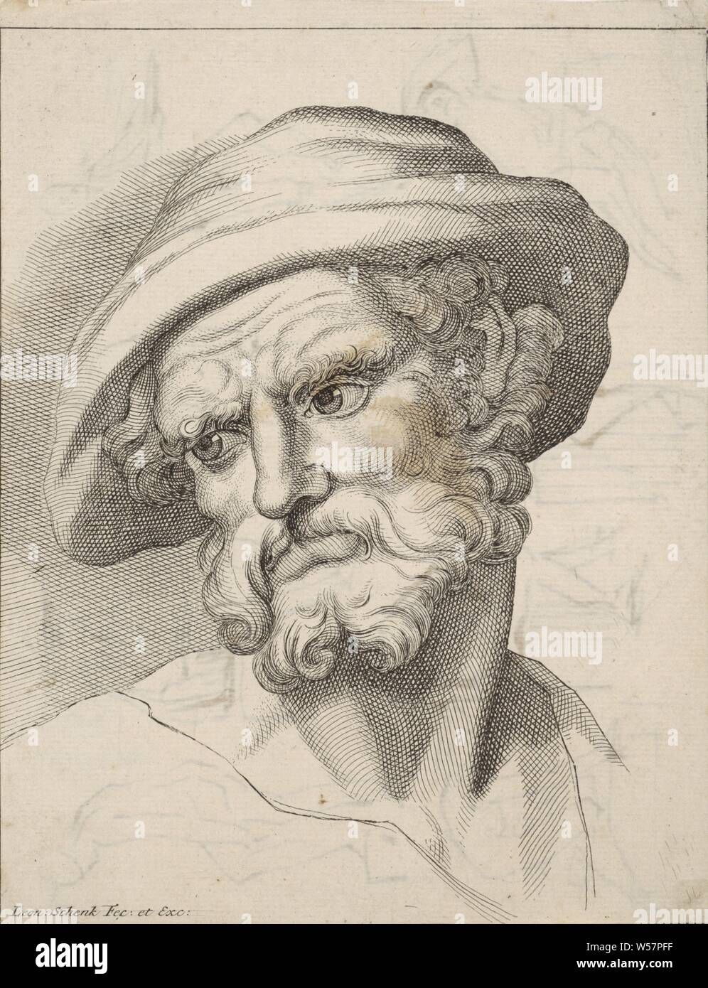 Study of the head of an old man, Studies of human heads (series title), Leonard Schenk (rejected attribution), Amsterdam, 1710 - 1767, paper, engraving, h 195 mm × w 150 mm Stock Photo
