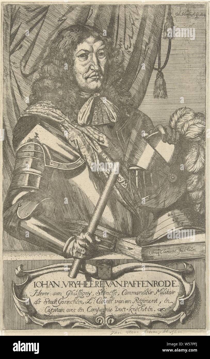 Portrait of Johan, free man of Paffenrode, Portrait halfway to the right of Johan, lord of Gussigny, in armor. His left hand rests on a helmet, in his right he holds a command staff. In front of him is a book with the text Utroque clarescere pulchrum. Below the portrait a cartouche with his name and a three-line text in Dutch, military clothing and other equipment (uniforms, cap, armor, helmet, etc.), Johan, Vrijheer van Paffenrode, Jan van Haensbergen (mentioned on object), Gorinchem, 1674, paper, etching, h 253 mm × w 160 mm Stock Photo