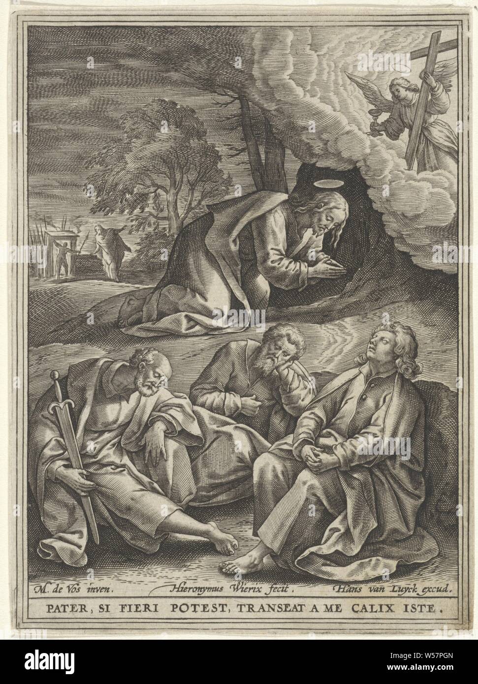Christ in the Garden of Gethsemane Passion of Christ (series title), Christ prays in the court of Gethsemane. An angel with a chalice appears from heaven. In the foreground Peter, Johannes and Jacobus sleep. In the background, Judas leads soldiers through the gate. In the margin a caption in Latin that refers to the performance., Christ's prayer in the Garden of Gethsemane during the night, Hieronymus Wierix (mentioned on object), Antwerp, 1563 - before 1586, paper, engraving, h 140 mm × w 104 mm Stock Photo