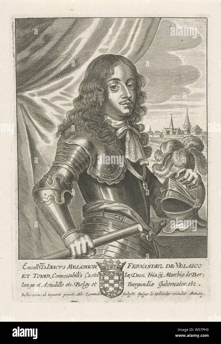 Portrait of Inacho Melchior Ferdinand de Velasco, constable of Velasco and Tovar, governor of Belgium and Burgundy. In the margin the family crest of the person portrayed, Inacho Melchior Ferdinand de, constable of Velasco, Adriaen Lommelin (mentioned on object), Antwerp, 1652 - 1677, paper, engraving, h 182 mm × w 125 mm Stock Photo