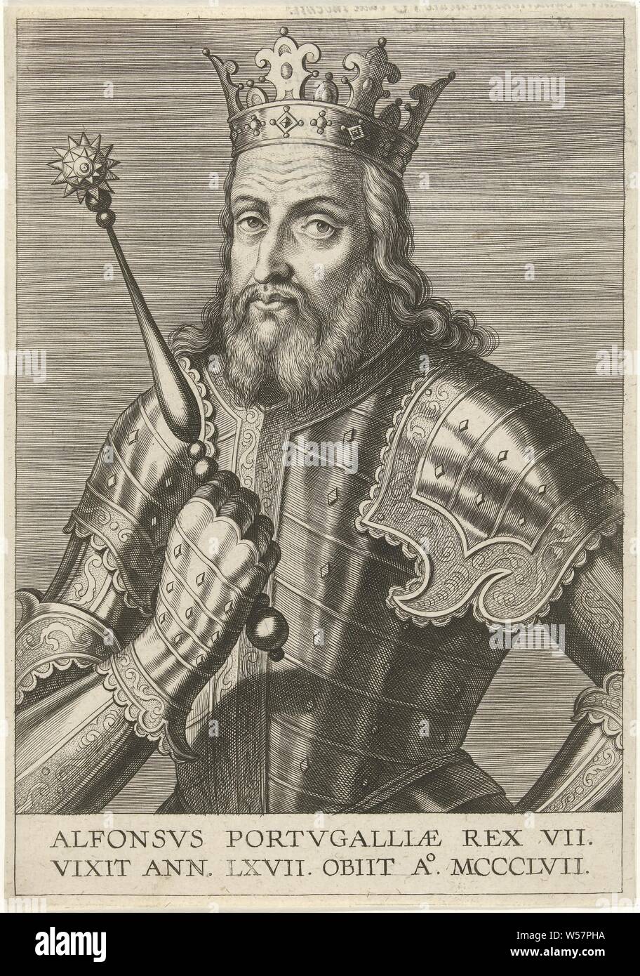Portrait of King Alfonso IV of Portugal Kings and princes of Portugal (series title), insignia and symbols of sovereignty (crown, diadem, scepter, orb, seal, standard, cloak, pectoral), Portugal, Alfons IV (king of Portugal), Cornelis Galle (I), 1621, paper, engraving, h 190 mm × w 132 mm Stock Photo