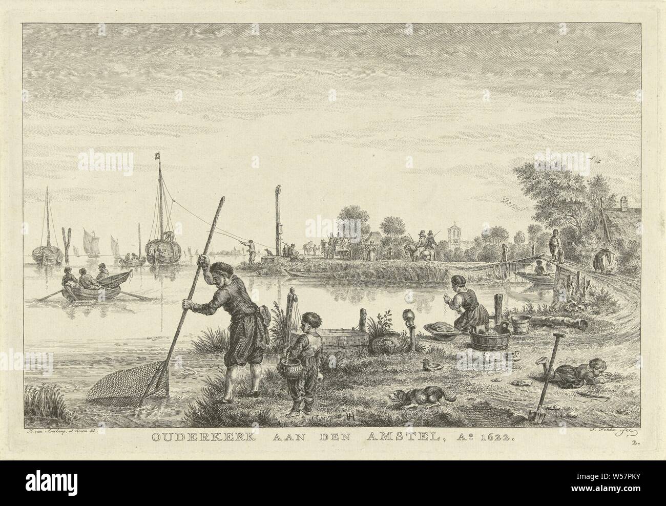 Figures on the bank at Ouderkerk aan de Amstel, 1622 Ouderkerk aan den Amstel, 1622 (title on object) North Holland landscapes (series title), Figures on the bank at Ouderkerk aan de Amstel. A boy watches as a man catches fish with a landing net. The woman down the road does the laundry and has put her child in the washtub behind her. Ducks, a dog and a playing child lie in the grass of the bank. In the distance passers-by on foot and on horseback. Rowing and sailing ships, river bank, open-air recreation, fisherman, rowing boat, canoe, etc, Ouderkerk aan de Amstel sail on the water, Simon Stock Photo