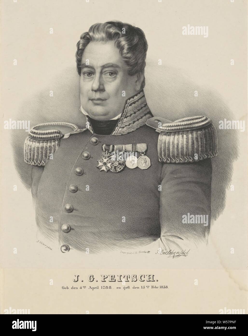 Portrait of J.G. Peitsch, The person portrayed is used to the left and wears a military uniform with epaulettes and four knight orders on his chest, historical persons ((full) bust portrait), knighthood order, James Erxleben (mentioned on object), Leiden, c. 1830 - c. 1890, paper, h 295 mm × w 233 mm Stock Photo