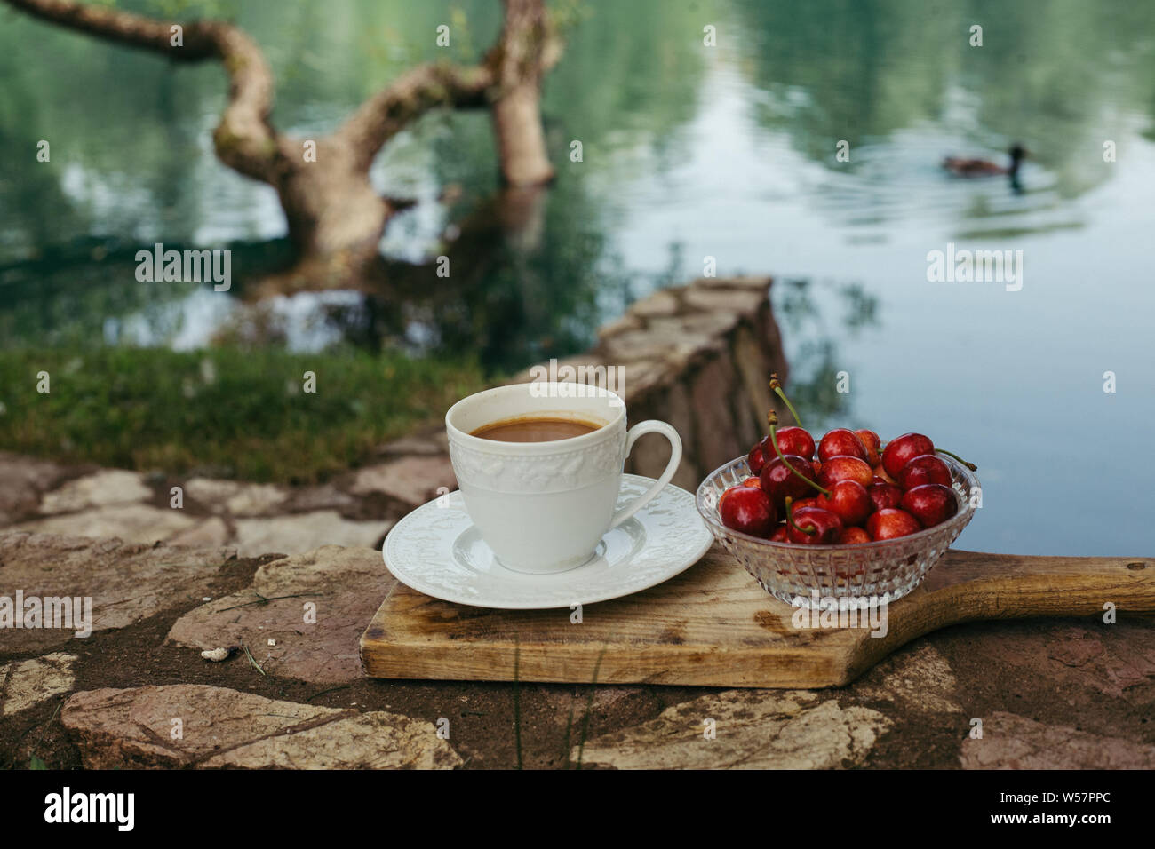 Cup of coffee on cutting board in nature Stock Photo -