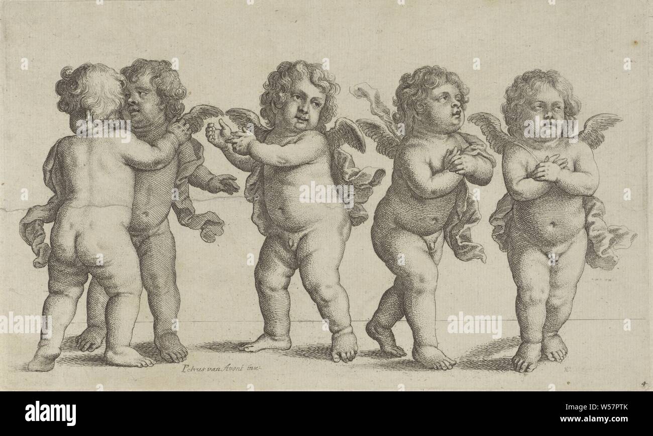 Five cherubs Paedopaegnion (series title), Print numbered lower right: 4., cupids: 'amores', 'amoretti', 'putti', children's games and plays (variant), Wenceslaus Hollar (mentioned on object), Antwerp, 1646, paper, etching, h 121 mm × w 208 mm Stock Photo