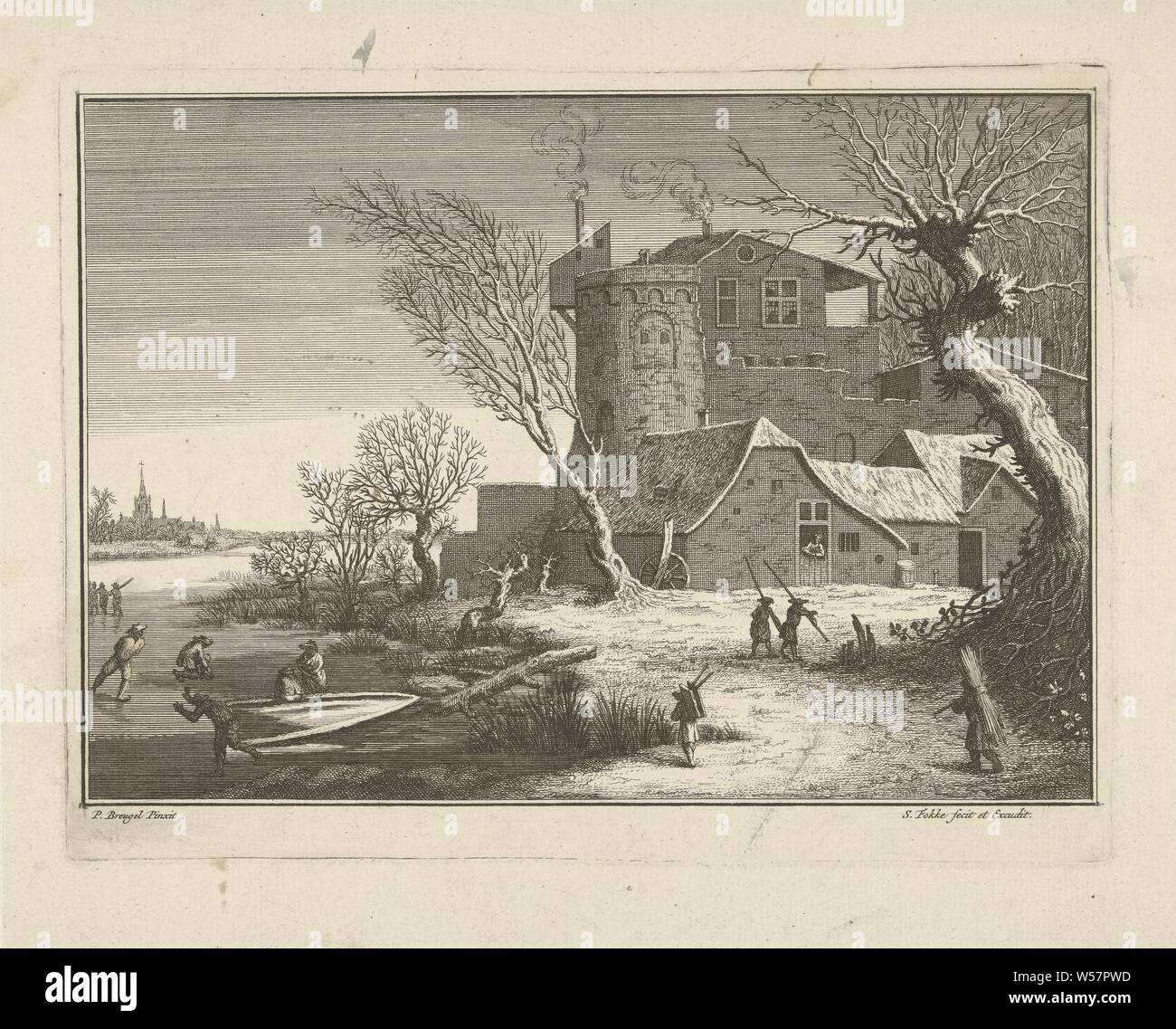 Winter landscape with skaters, Winter landscape with skaters. On the shore is a house with smoking chimneys., Winter landscape, landscape symbolizing winter (the four seasons of the year), skates (winter sports), Simon Fokke (mentioned on object), Amsterdam, 1722 - 1784, paper, etching, h 167 mm × w 220 mm Stock Photo