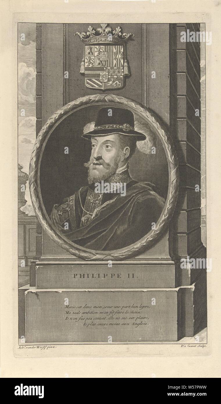 Portrait of King Philip II of Spain, Philip II, King of Spain. Above the portrait the coat of arms of the Habsburgs. The print has as a caption a French poem about his life, Philip II (King of Spain), Pieter van Gunst (mentioned on object), Amsterdam, c. 1669 - 1731, paper, etching, h 317 mm × w 182 mm Stock Photo