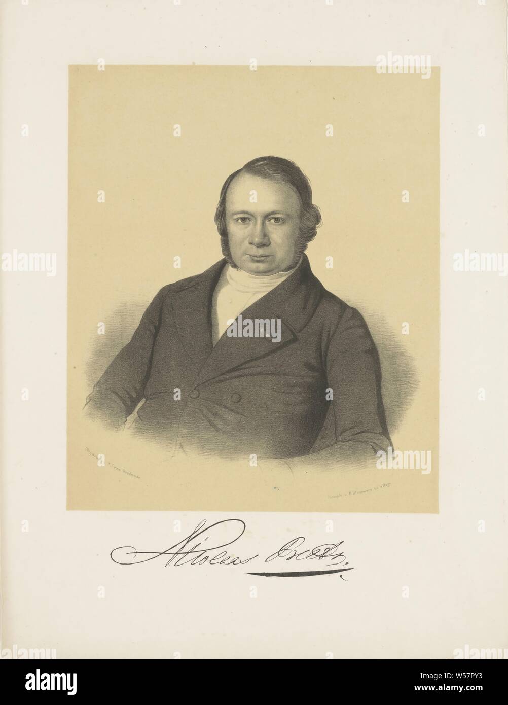 Portrait of Nicolaas Beets, The person portrayed leans back a little. He is wearing a knightly order on the lapel of his jacket. Under the portrait are signature, historical persons ((full) bust portrait), knighthood order, Nicolaas Beets, Adrianus Johannes Ehnle (attributed to), 1850 - 1863, paper, h 355 mm × w 275 mm Stock Photo