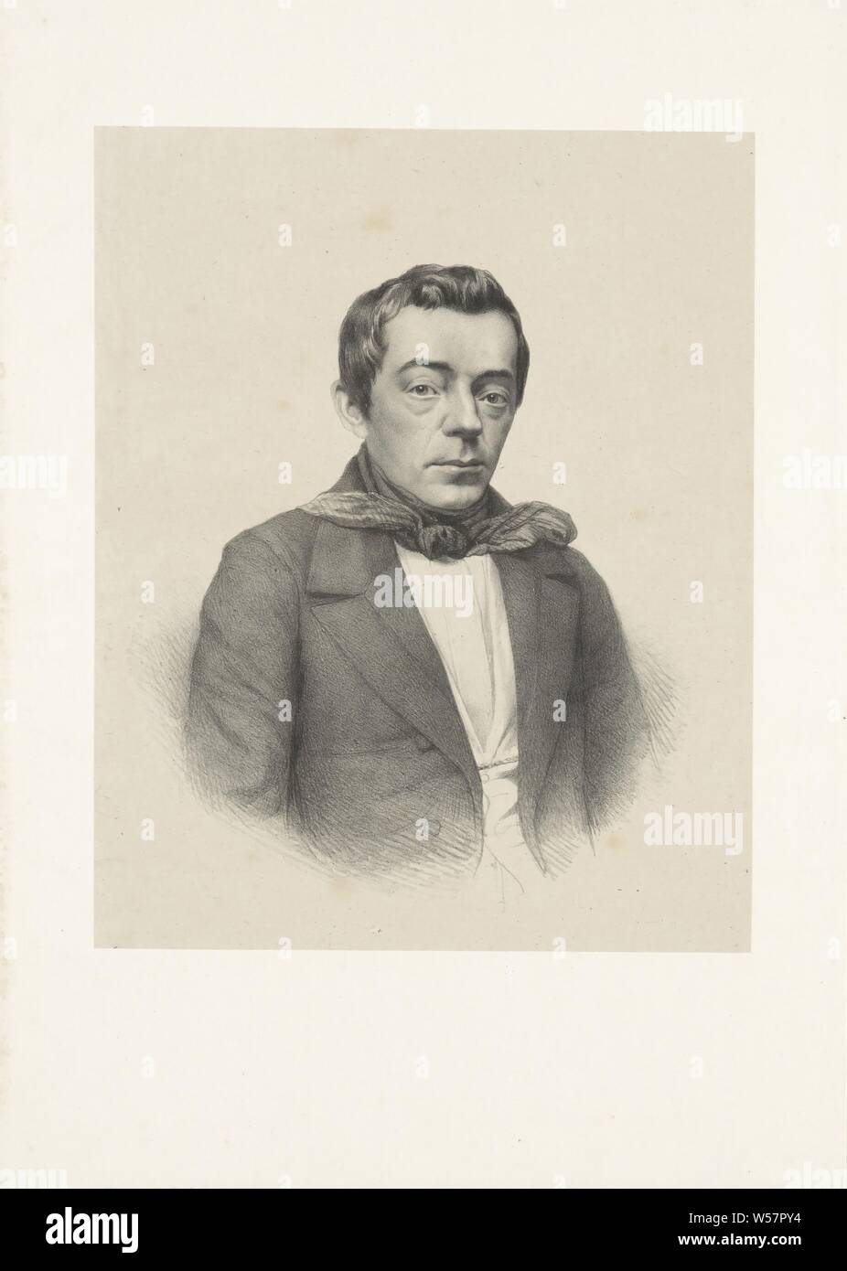 Portrait of Didericus Dorbeck, The person portrayed is wearing an open jacket with a white vest and shirt underneath. He wears a wide tie, historical persons ((full) bust portrait), Didericus Dorbeck, Adrianus Johannes Ehnle, 1854, paper, h 370 mm × w 262 mm Stock Photo