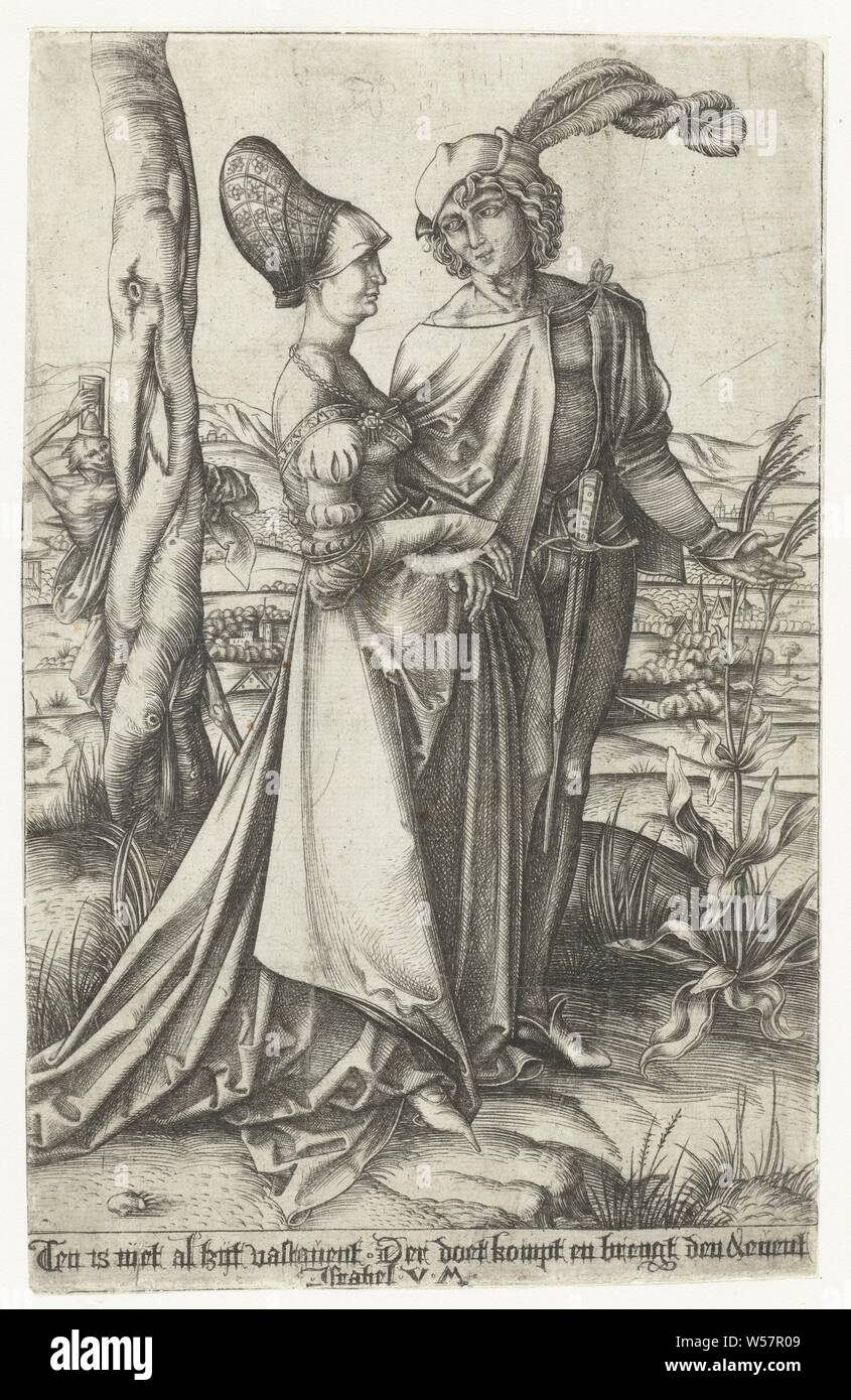 Young Couple and Death, A young man and a young woman are walking in a hilly landscape. From behind a tree Death (in the shape of a skeleton with an hourglass) lurks at them. Below the show a line of Dutch text in gothic script: 'Ten is not already fixed. Der does come and brings the Aevent ', Death as skeleton, couple of lovers, (personifications of)' Vanitas', the vanity of human life, Fragilití humana, Fugacità delle grandezze & della gloria mondana, Meditatione della morte, Opera vana, Piacere vano, Vana gloria, Vanità (Ripa), clothes, men's clothing, head-gear (BONNET), head -gear (BONNET Stock Photo