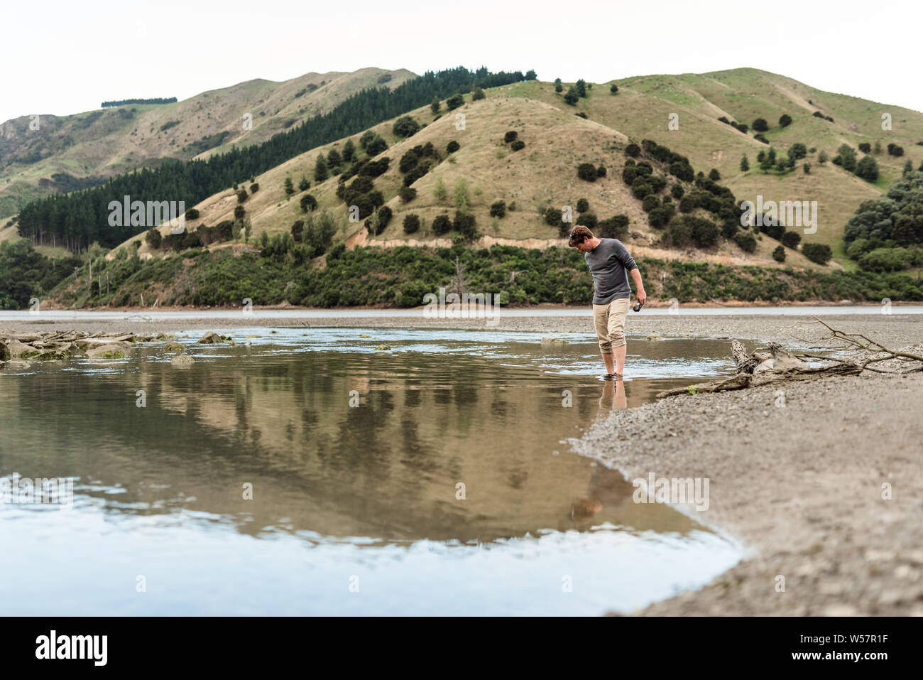 Middle age man exploring mudflat in New Zealand Stock Photo