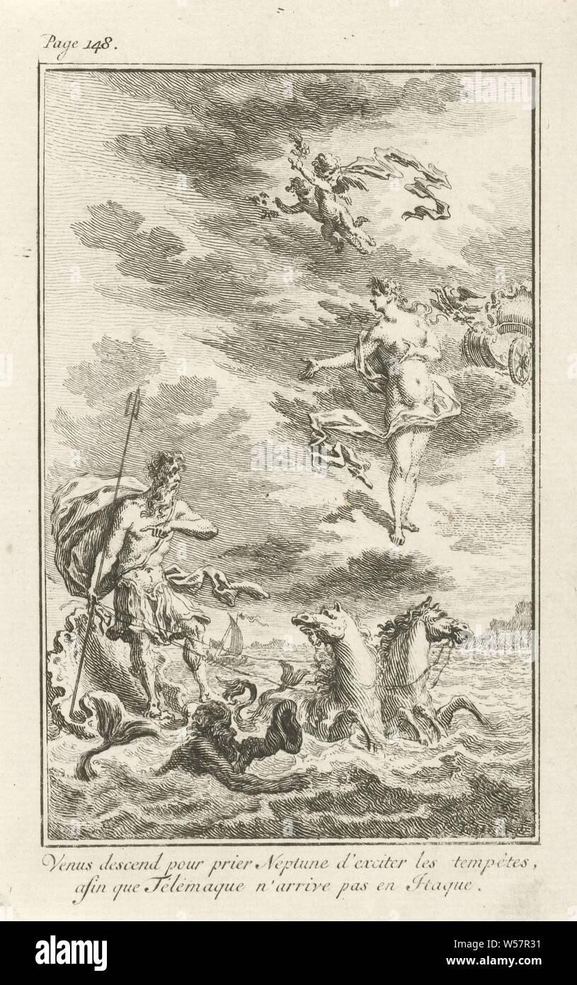 Venus and Neptune Venus descend pour prier Neptune d'exciter les tempêtes, afin que Télémaque n'arrive pas and Itaque (title on object), Neptune stands on a shell and is pulled by sea horses. He is talking to Venus who has descended from the sky. Print on top left marked: (story of) Telemachus, (story of) Venus (Aphrodite), (story of) Neptune (Poseidon), Simon Fokke (mentioned on object), Amsterdam, 1775, paper, etching, h 147 mm × w 96 mm Stock Photo