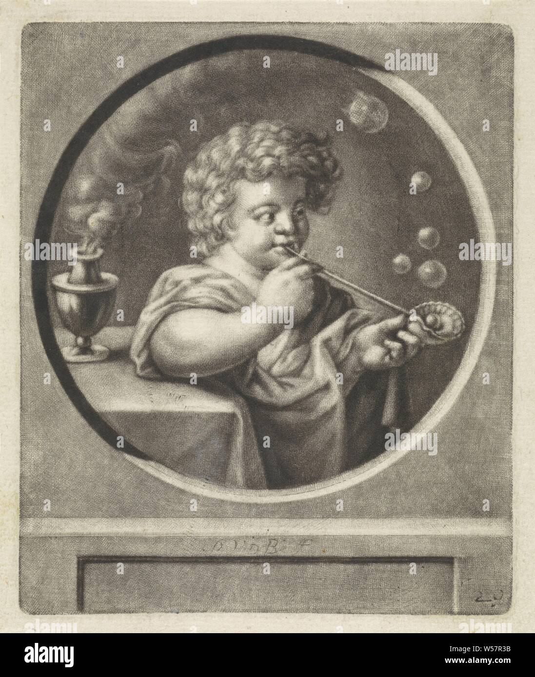 Bubble-blowing child, bubble-blowing (children's games and plays), Pieter van den Berge (mentioned on object), 1686 - 1737, paper, h 126 mm × w 105 mm Stock Photo