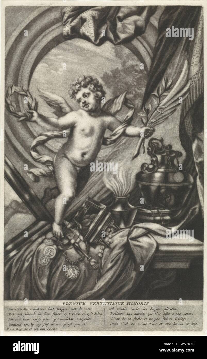 Allegory of the honor Premium vertutisque honoris (title on object),  Allegory of honor with a putto with a laurel wreath, a palm branch and an  olive branch in hand. On a table