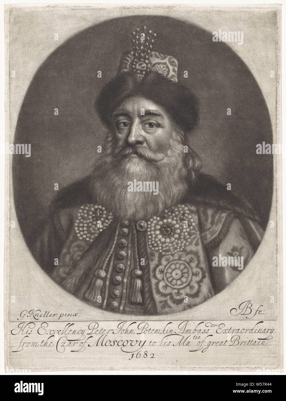 Portrait of Peter John Potemkin, Portrait of Peter John Potemkin (Piotr Ivanovich Potemkin), Ambassador of Russia to London, Peter John Potemkin, Abraham Bloteling (mentioned on object), Amsterdam, 1682, paper, engraving, h 190 mm × w 142 mm Stock Photo