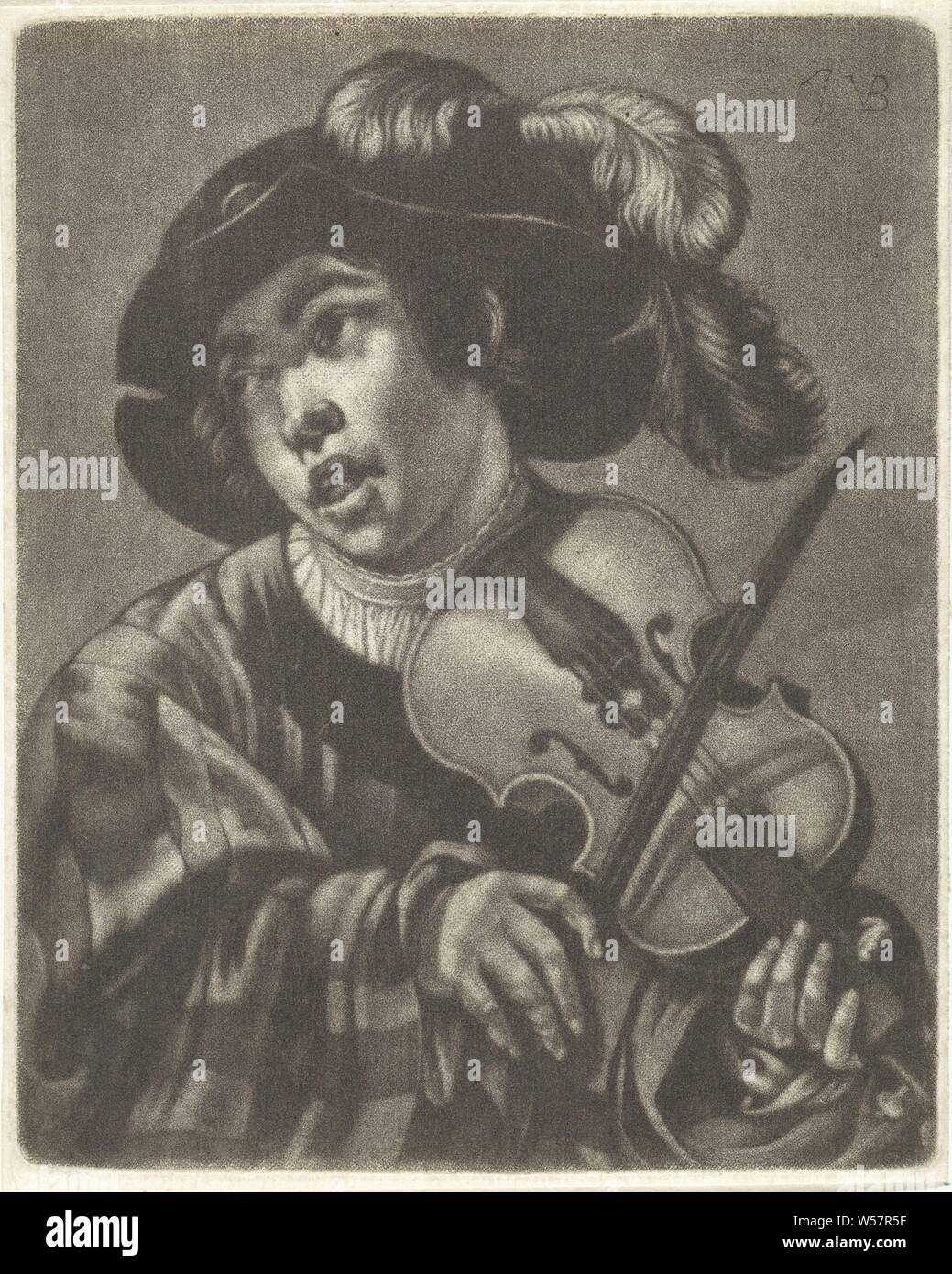 Violin player, A boy with a feathered hat on his head, playing a violin, violin, fiddle, one person playing string instrument (bowed), Jan van der Bruggen (attributed to), Amsterdam, 1681 - 1740, paper, h 127 mm × w 102 mm Stock Photo